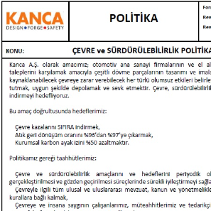 Çevre ve Sürdürülebilirlik Politikası